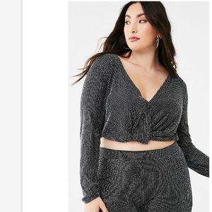 Long Sleeve Black and Silver Striped Crop Top NWT